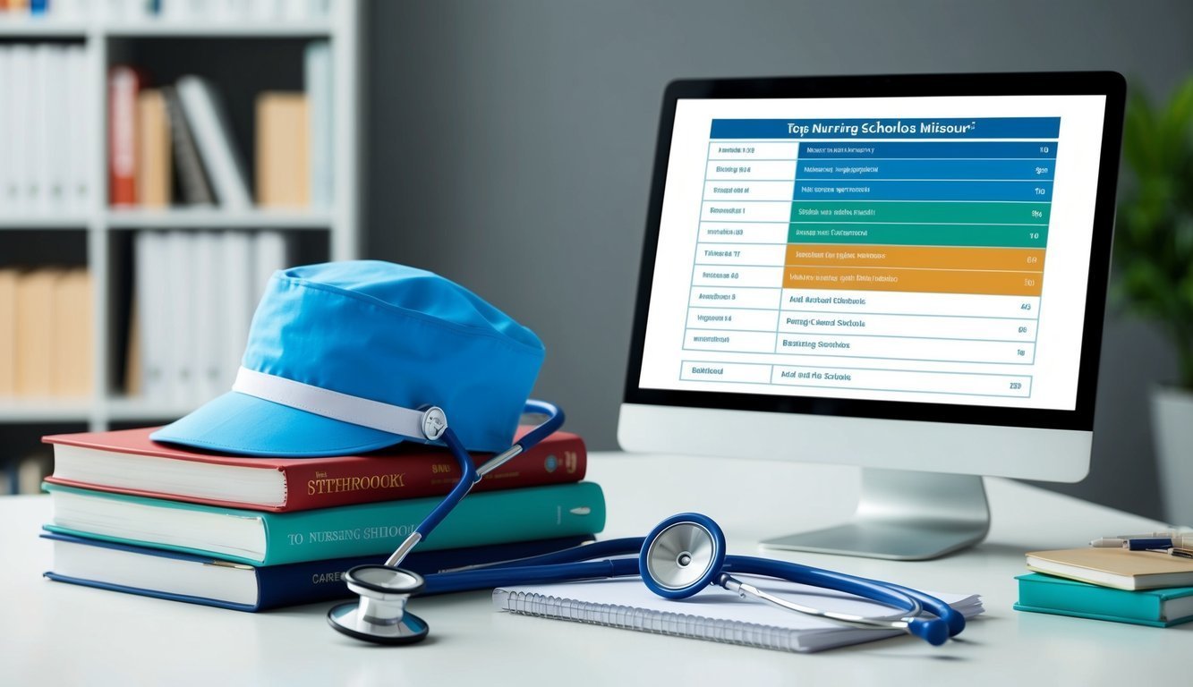 Nursing student's desk with books, stethoscope, cap, and computer screen