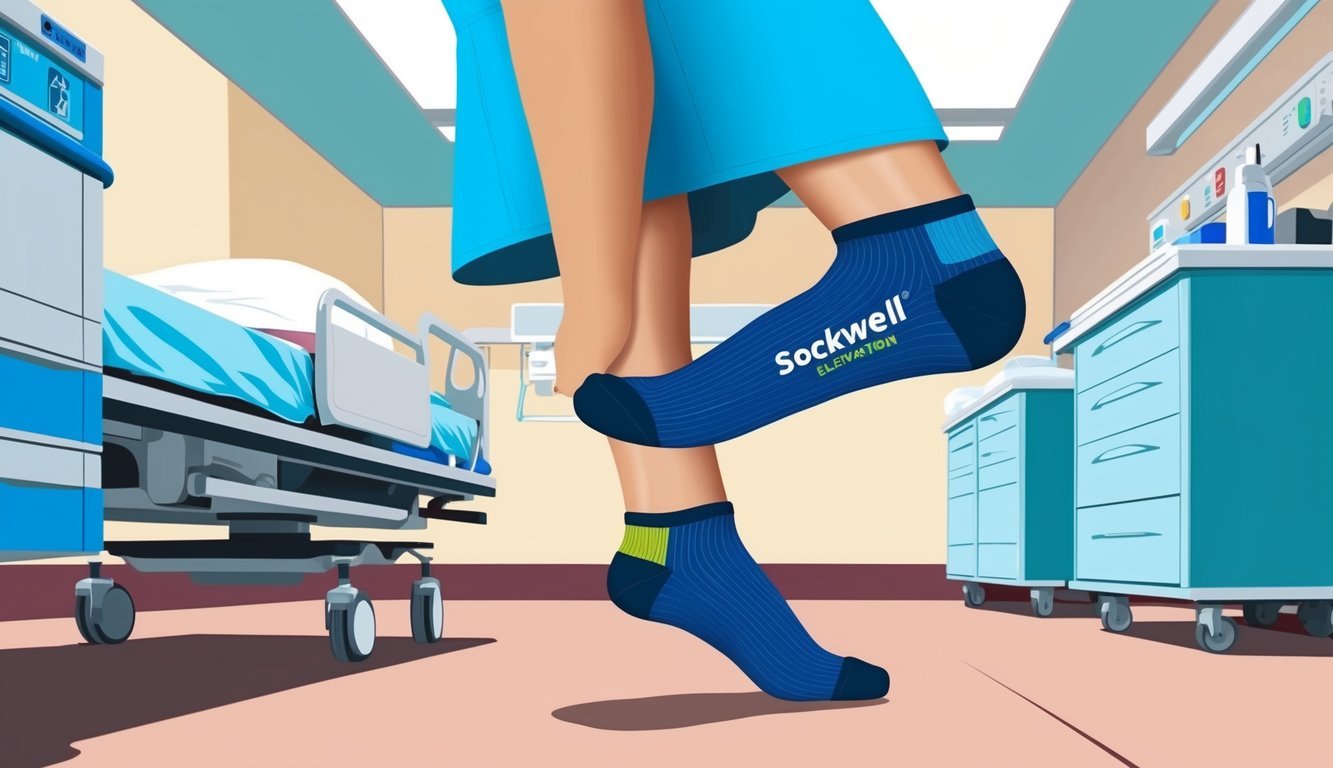 A pair of Sockwell Elevation Firm Socks being worn by a nurse standing on her feet all day in a hospital setting