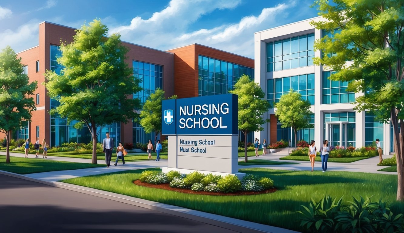 A bustling campus with modern buildings and lush greenery, featuring a prominent nursing school sign