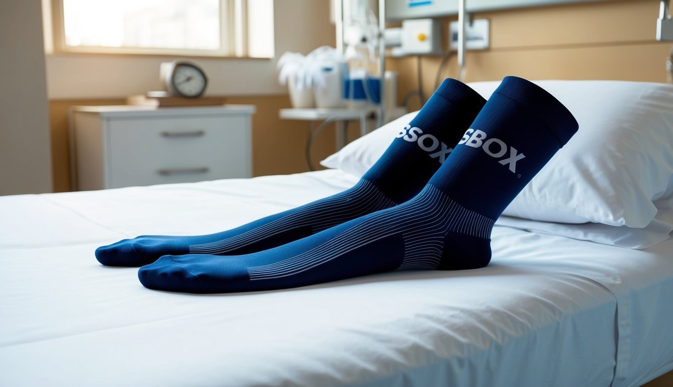 A pair of SB SOX Compression Socks laid out neatly on a clean, white hospital bed