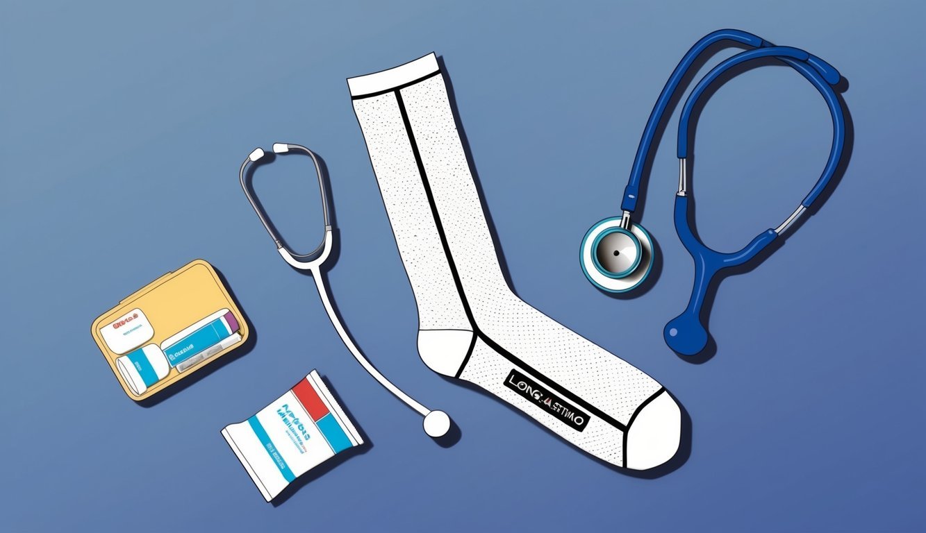 A nurse's long-lasting compression socks lying next to a stethoscope and medical supplies