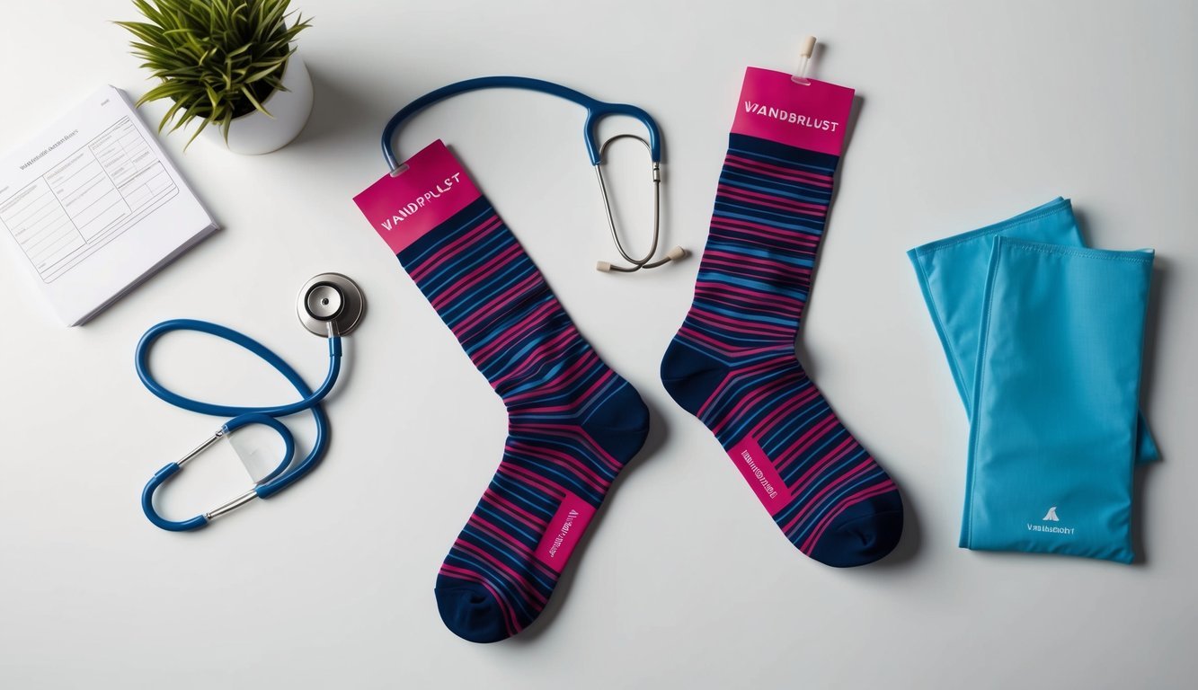 A pair of Wanderlust Air Travel Compression Socks laid out on a clean, white surface, with a stethoscope and nursing supplies nearby