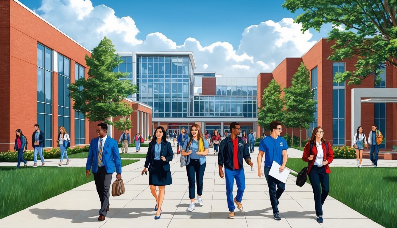 A bustling campus with modern buildings and students walking to and from classes at Webster University, one of the best nursing schools in Missouri