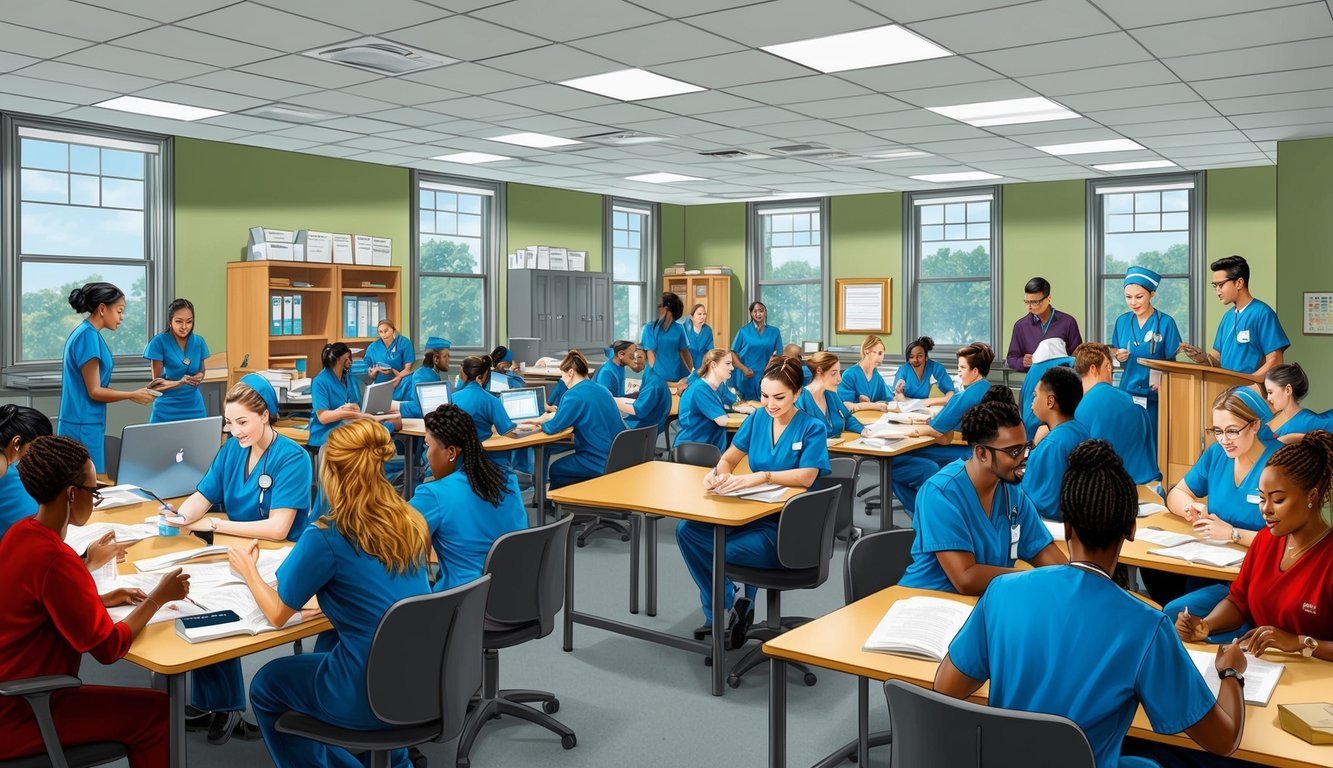 A bustling classroom at Missouri State University, filled with nursing students engaged in hands-on learning and discussion