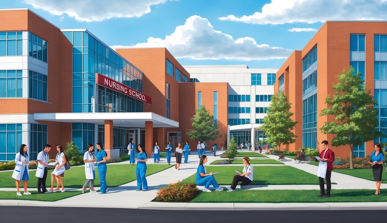 A bustling campus with modern buildings and a prominent nursing school sign.</p><p>Students and faculty are engaged in various academic and clinical activities