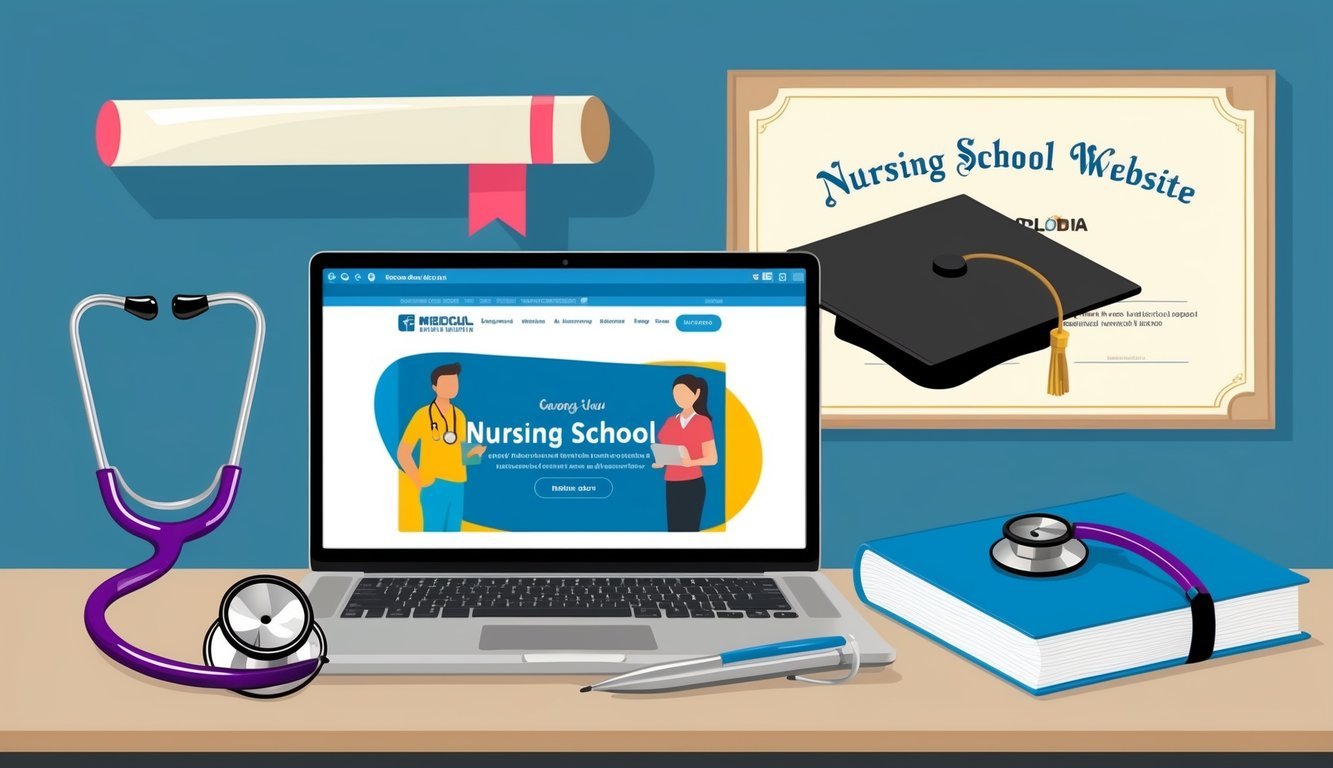 Laptop with nursing school website, stethoscope, diploma, and graduation cap