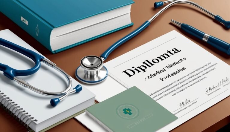 Medical diploma, stethoscope, textbooks, and pen on a brown surface