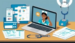 Laptop with nurse on screen, medical documents, and stethoscope on desk