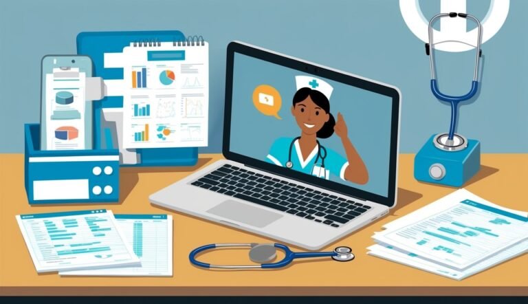 Laptop with nurse on screen, medical documents, and stethoscope on desk