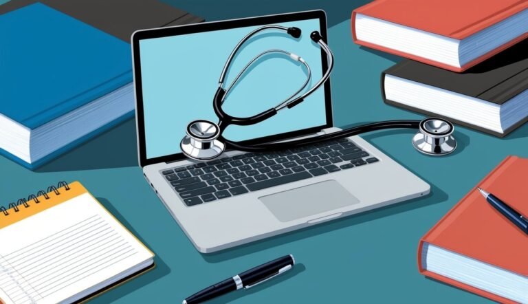 Laptop with stethoscope, books, notepad, and pen on a teal surface