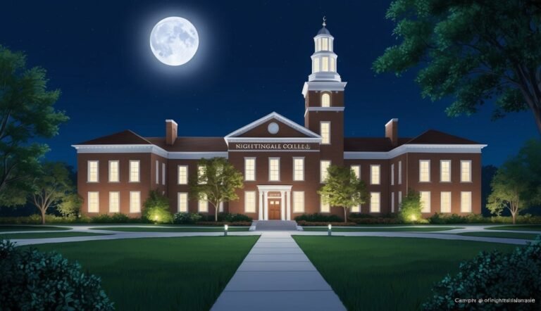 Nighttime illustration of Nightingale College building under a full moon