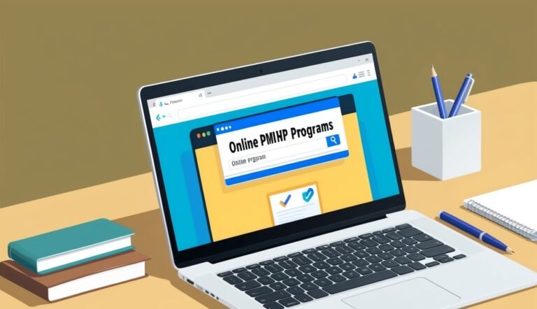 Laptop with "Online PMHP Programs" search bar, books, and pens
