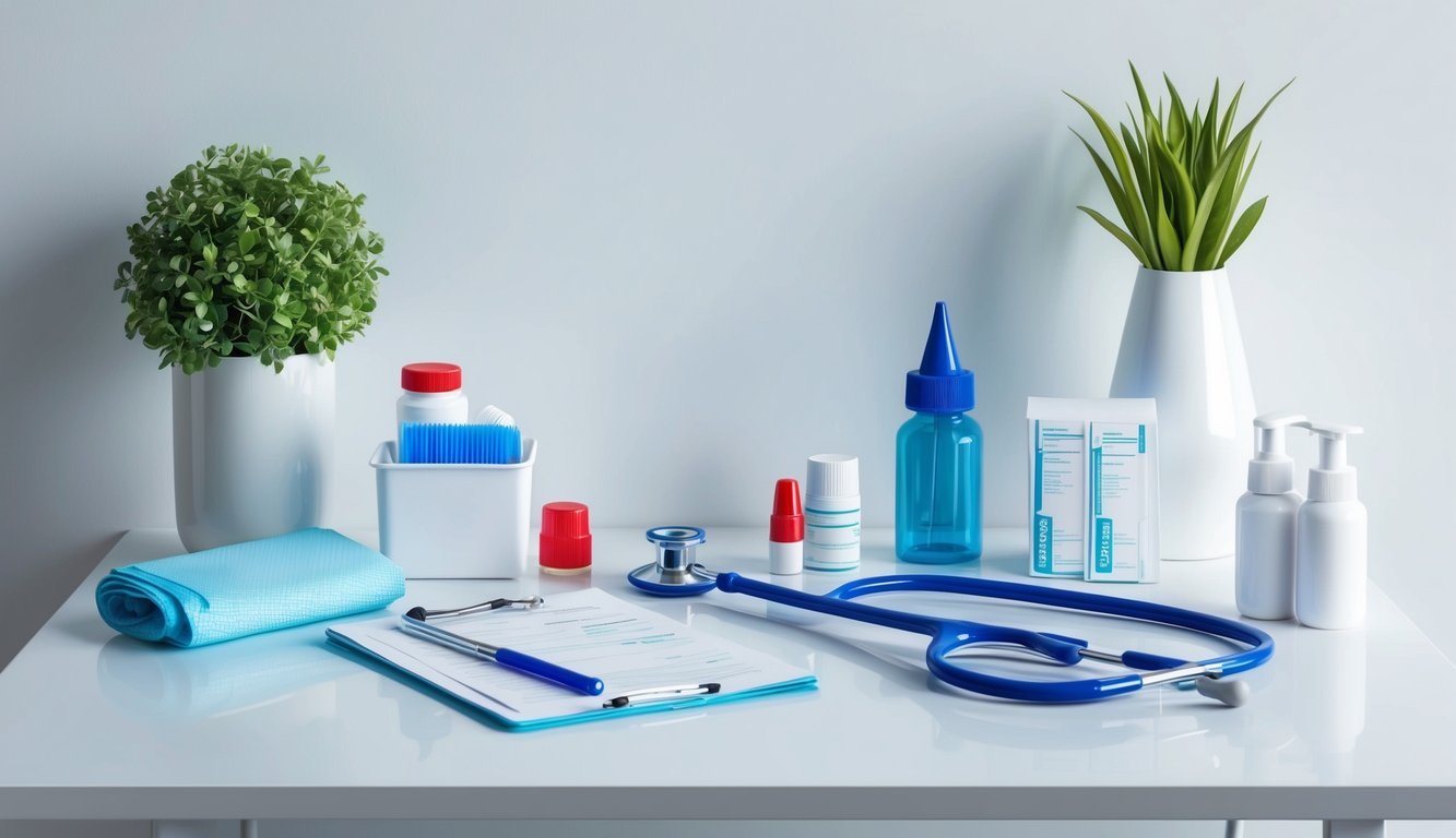 Medical supplies and stethoscope on a white table with plants in vases
