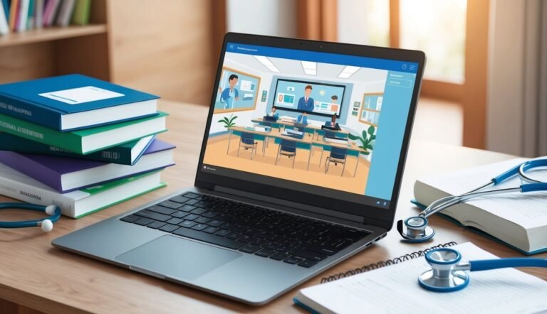 Laptop displaying online medical class, books, and stethoscope on a desk