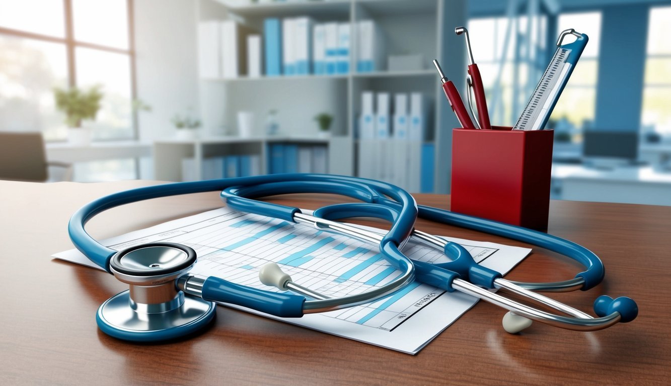 Blue stethoscope on a medical chart, with pens and ruler in a red cup