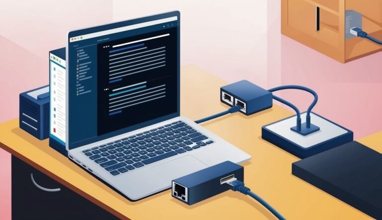 Laptop connected to network devices on a desk, coding interface displayed