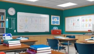 Anatomy classroom with desks, whiteboards, medical diagrams, and books