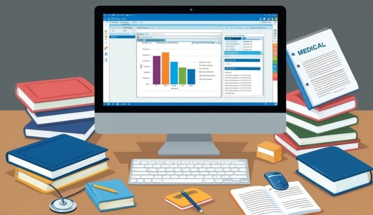 Computer monitor displaying medical data, surrounded by books and office supplies