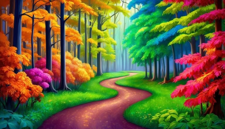 Colorful forest with winding path, trees with vibrant red, orange, and green leaves