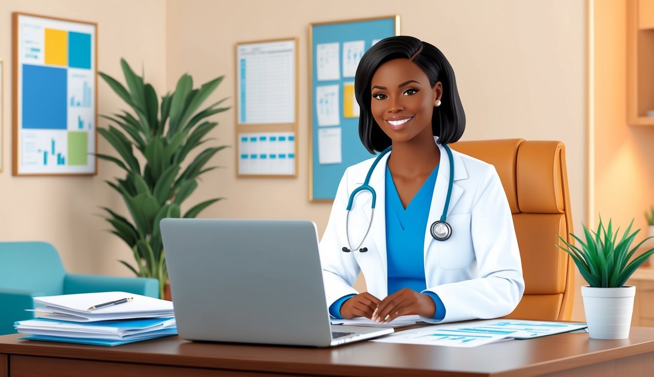 Smiling Black female doctor in office with laptop and stethoscope