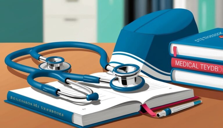 Blue stethoscope, books, and cap on a table, medical study concept