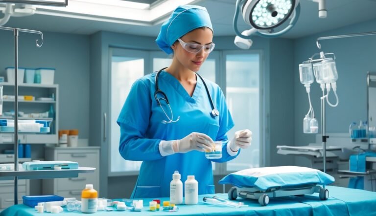 Surgeon in scrubs and gloves preparing medical supplies in an operating room