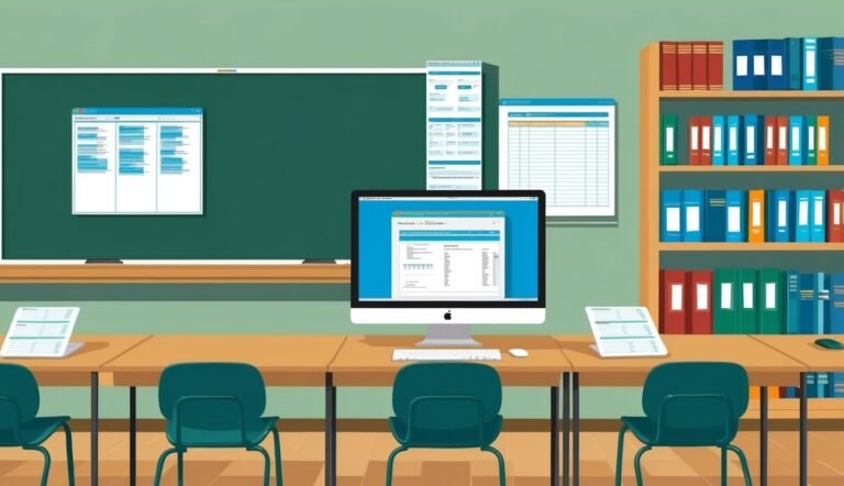 Classroom with computer, blackboard, and bookshelves, displaying documents