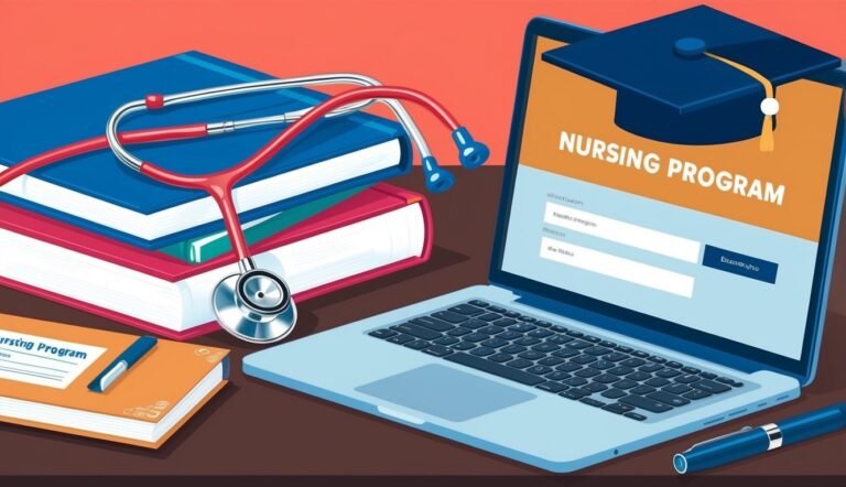 Laptop with nursing program, stethoscope, books, and graduation cap