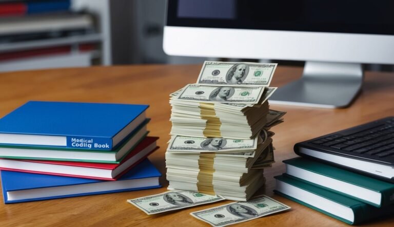 Stacks of cash, medical coding books, and computer on a desk