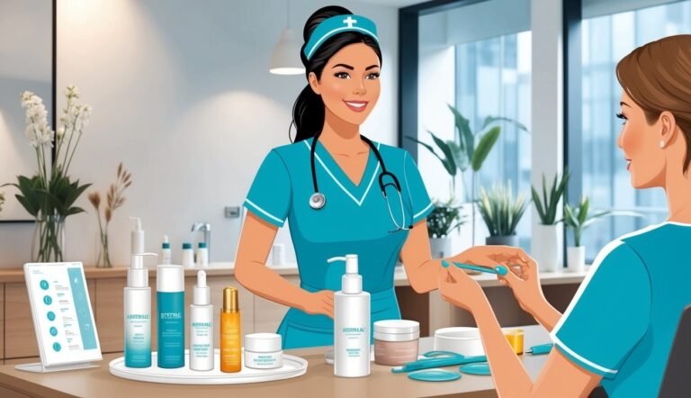 Nurse showing skincare products to a customer in a spa setting