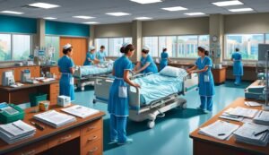 Nurses in blue uniforms working in a hospital room with beds and equipment