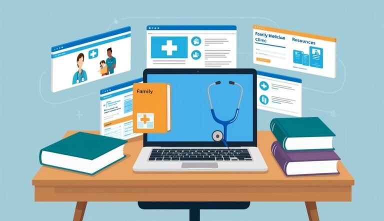 Laptop with stethoscope, medical websites, and books on a desk
