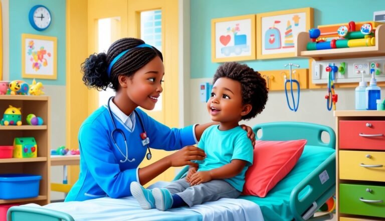 Nurse comforting a young boy in a hospital room, smiling and looking at him