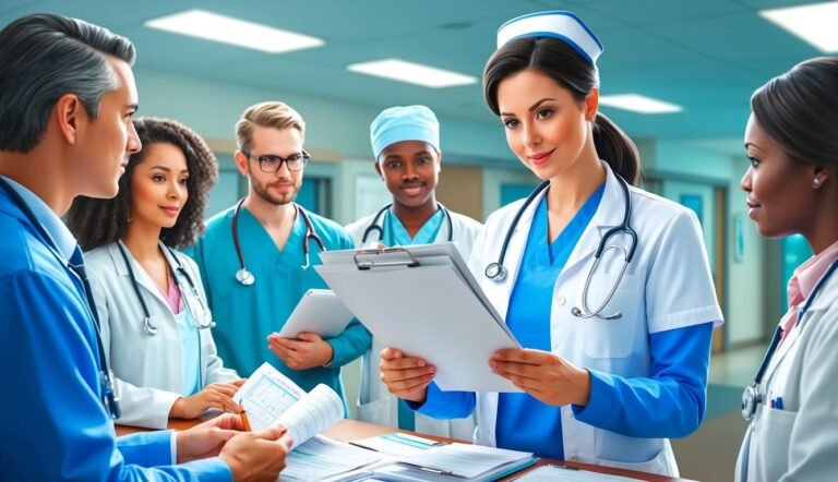 Medical team reviewing paperwork in a hospital hallway, diverse group