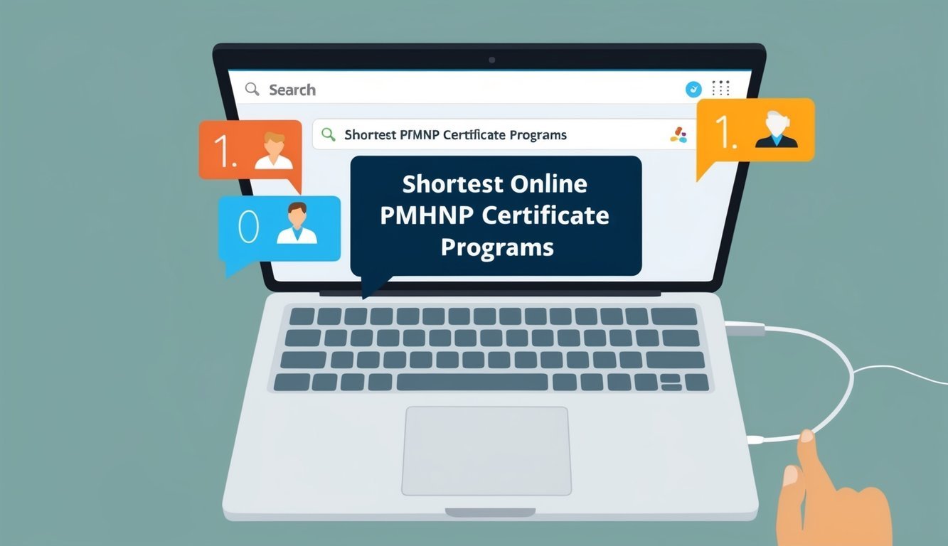Laptop with search results for shortest online PMHNP certificate programs