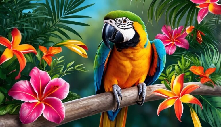 Colorful macaw perched on a branch surrounded by tropical flowers and foliage