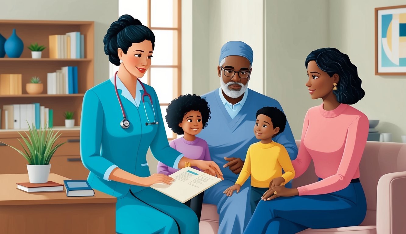 Doctor reviewing paperwork with a family of four in a medical office