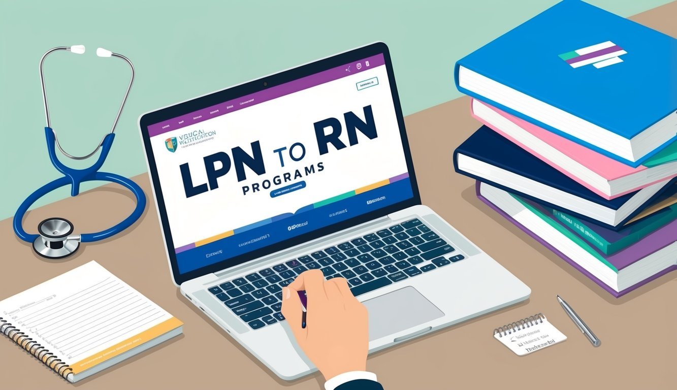 Laptop with "LPN to RN Programs" text, stethoscope, books, and notepad