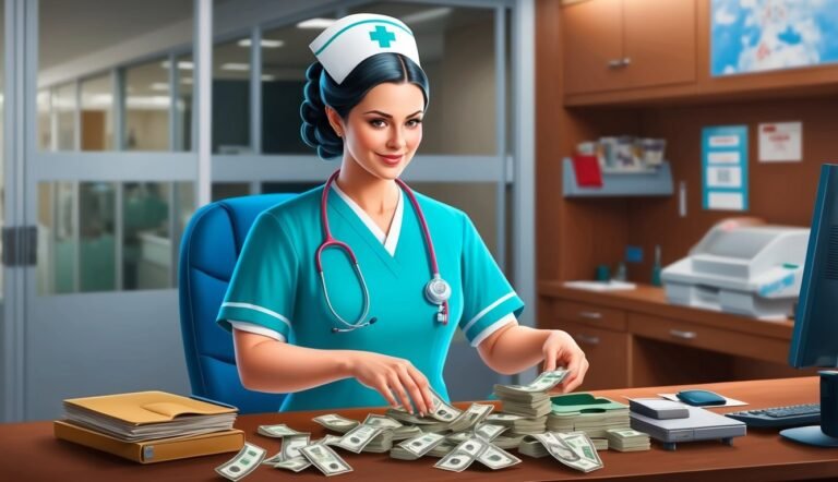 Nurse counting stacks of money on a desk in a medical office