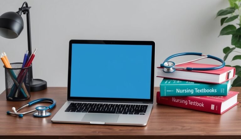 Laptop, nursing textbooks, and stethoscope on a wooden desk