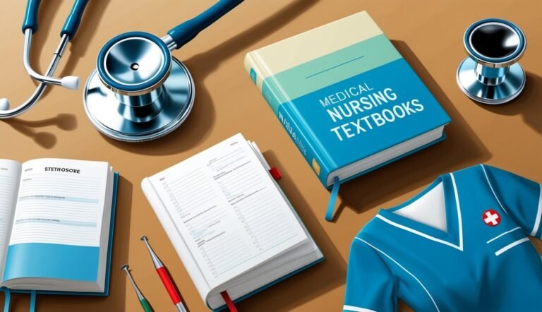 Medical textbooks, stethoscope, scrubs, and notebook on a wooden surface
