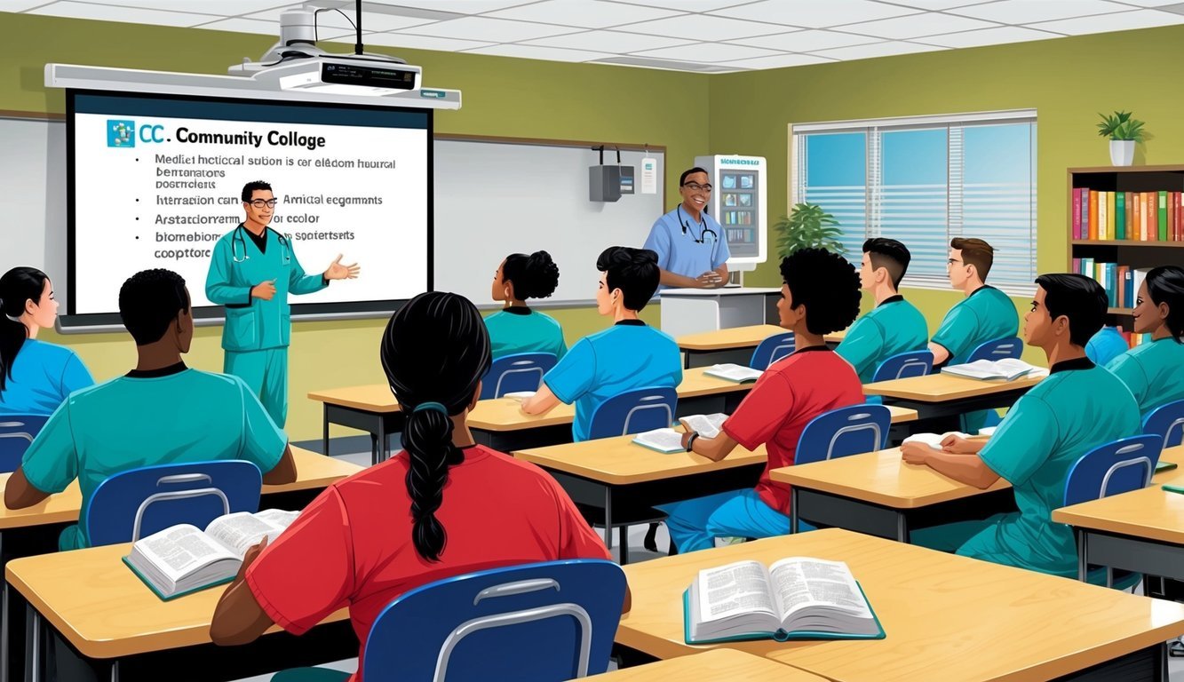 Medical students in a classroom listening to a lecture with a projector screen
