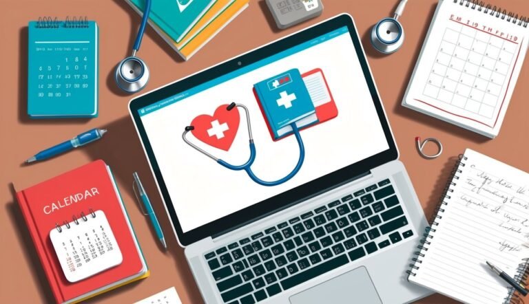 Laptop with medical icons, stethoscope, calendars, and notepad on a desk