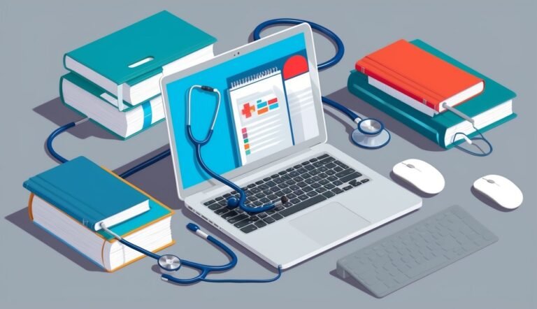 Laptop with medical chart, stethoscope, books, and computer accessories