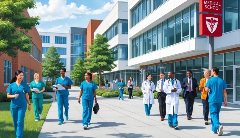 Medical students and faculty walk outside a medical school building