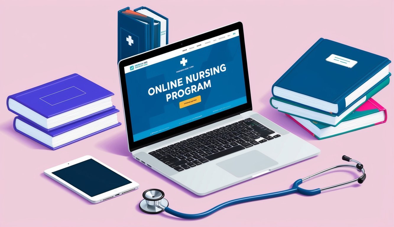 Laptop with "Online Nursing Program" screen, books, stethoscope, and tablet