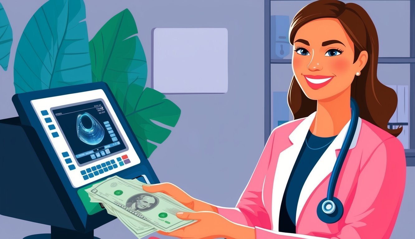 Doctor holding money next to an ultrasound machine, smiling at the viewer
