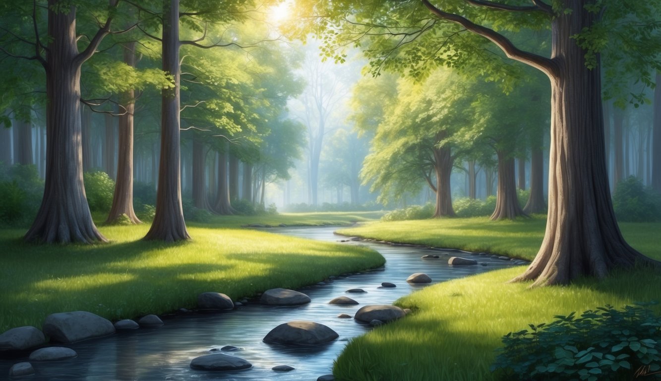 A serene forest scene with a stream, trees, and sunlight