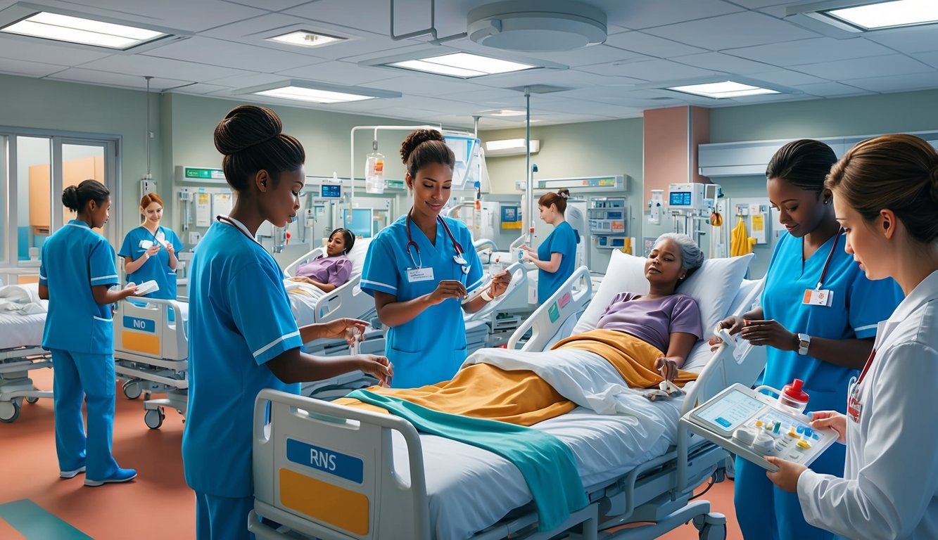 Nurses tending to patients in a hospital room, medical equipment visible