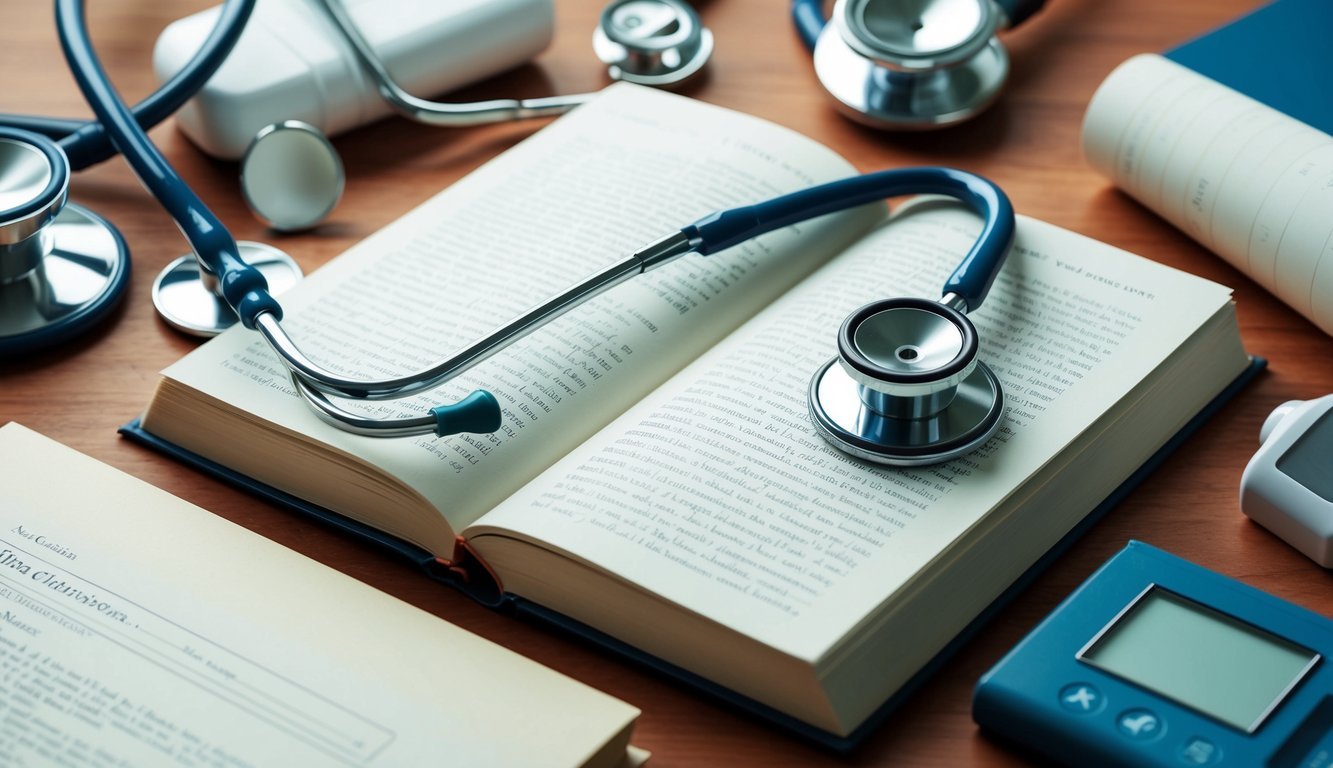 Stethoscope on an open book with medical supplies on a wooden table